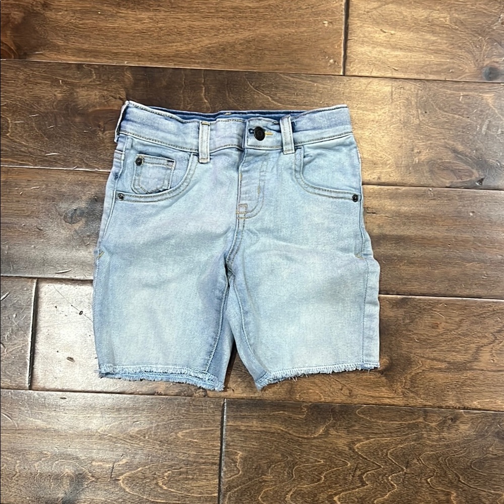 Blue Denim Knee-Length Shorts with Raw Hem
